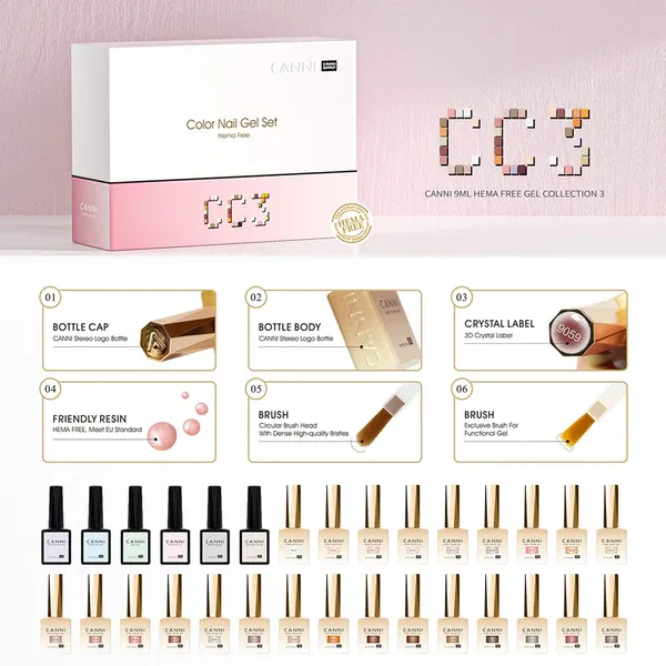 CANNI HEMA FREE UV/LED gél lakk szett (24db-os) No.CC3 Transparent series