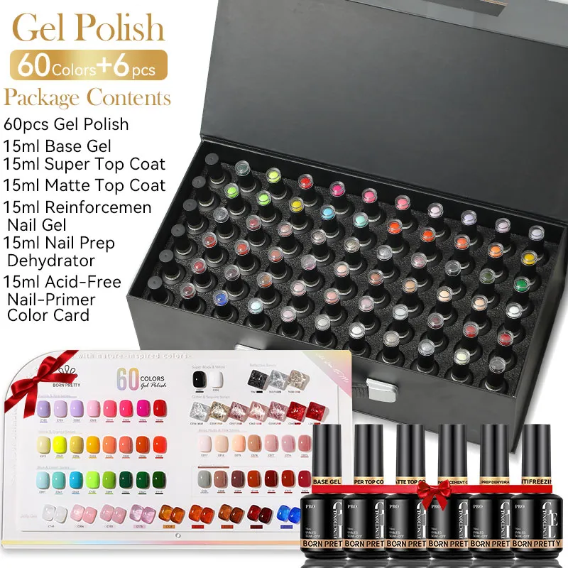 BORN PRETTY Pro UV/LED gél lakk szett - 60 szín + base és top gélek