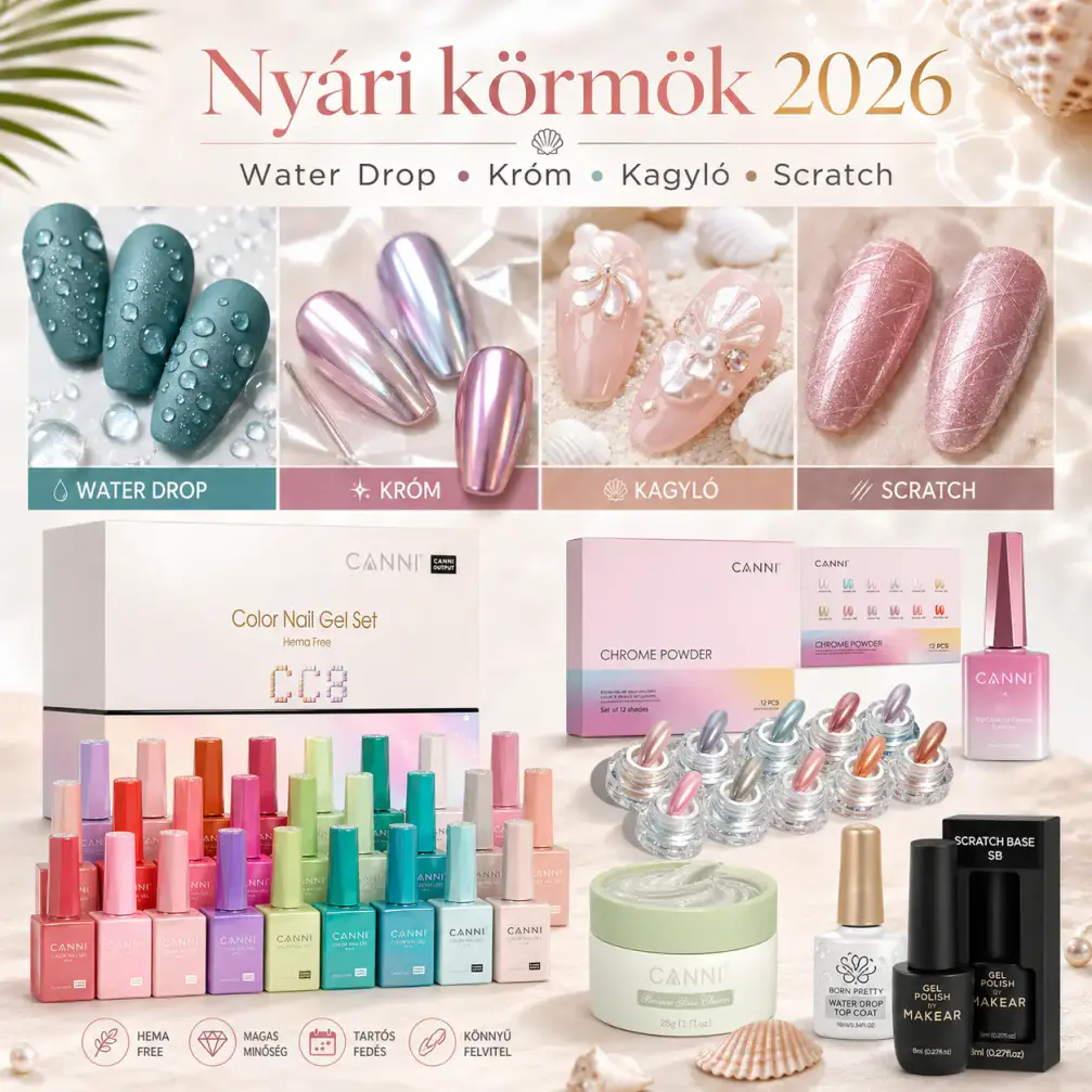 Nyári körmök 2026: 4 látványos trend lépésről lépésre – vízcseppes, krómos, kagylós és scratch köröm