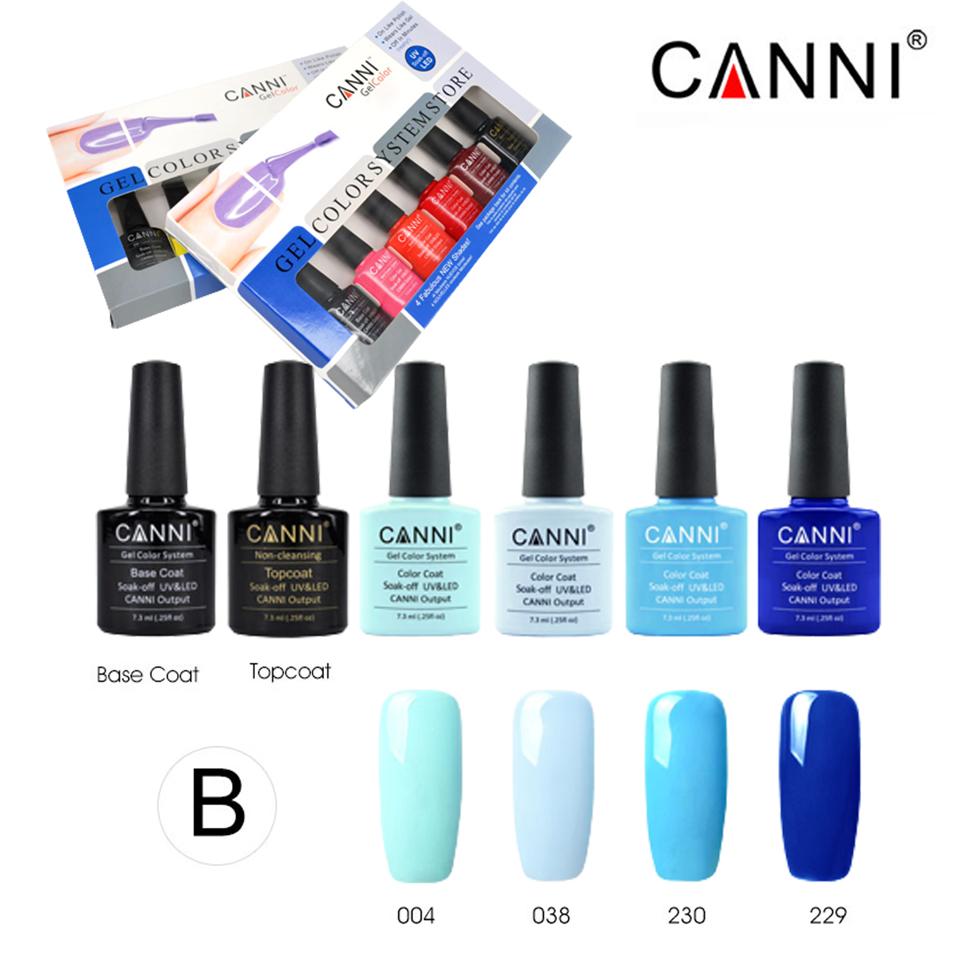 CANNI gél lakk szett UV/LED 7,3 ml szett - B - 4 db szín + base + fényzselé