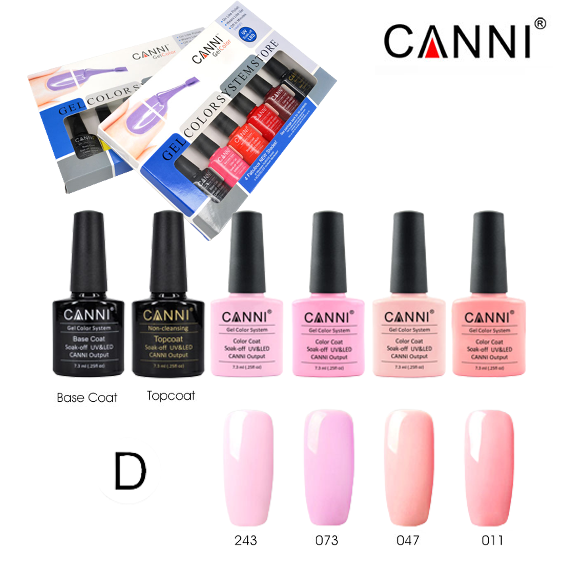 CANNI gél lakk szett UV/LED 7,3 ml szett - D - 4 db szín + base + fényzselé