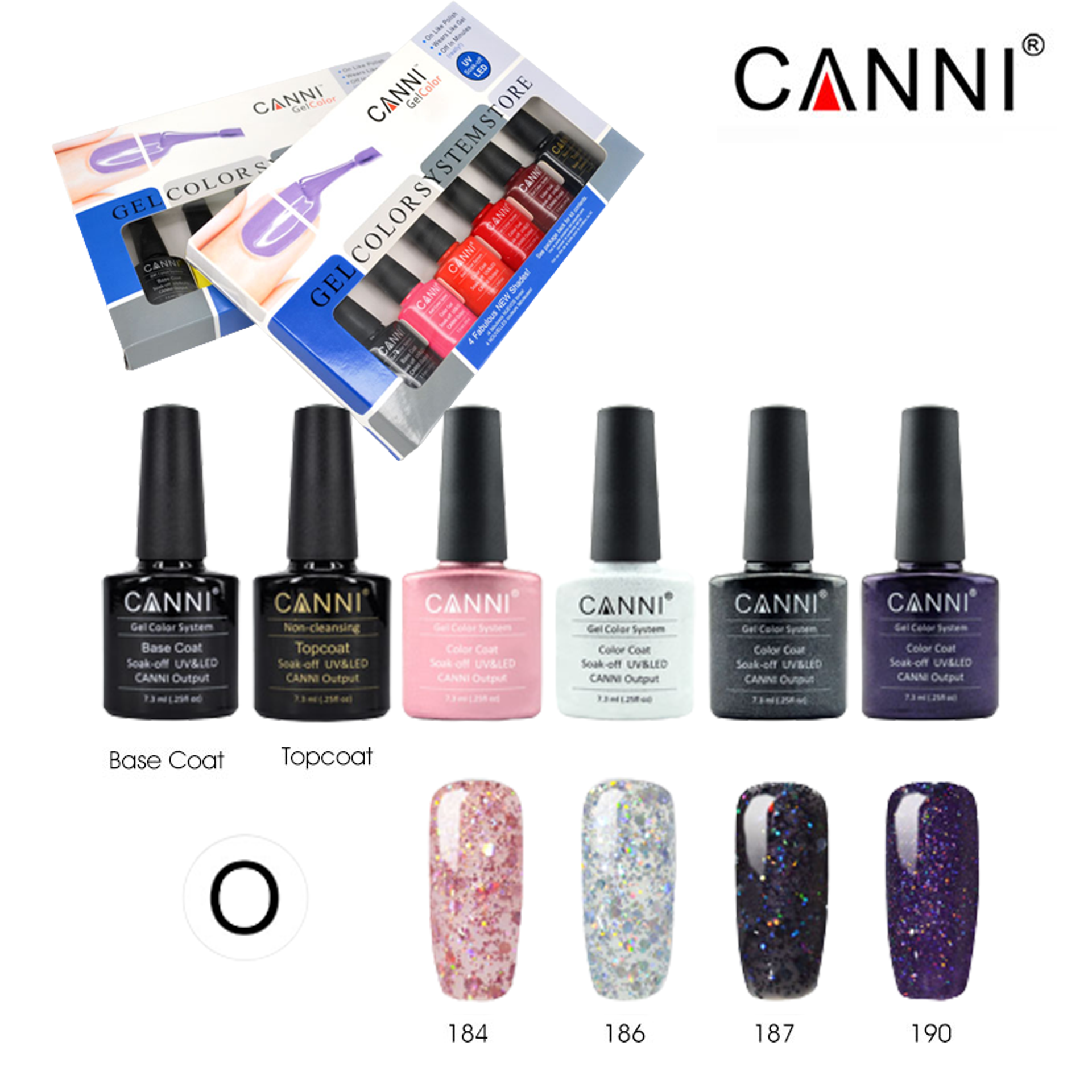 CANNI gél lakk szett UV/LED 7,3 ml szett - O - 4 db szín + base + fényzselé